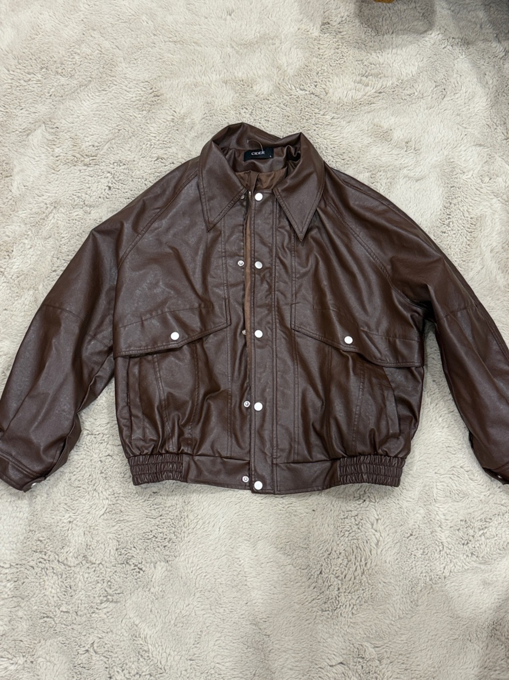 Cider Brown Faux Leather Bomber Jacket with Snap Front